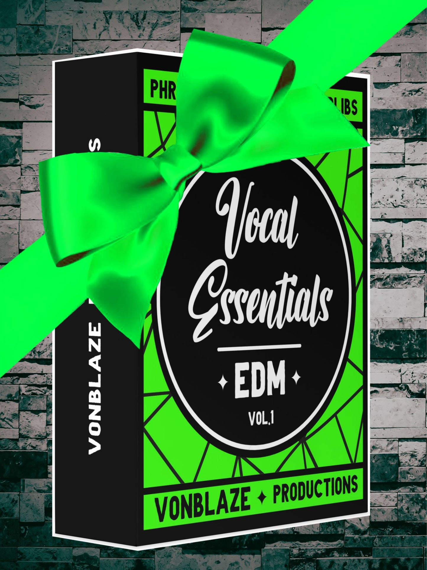 vocal sample pack with vibrant neon green bow on a brick background