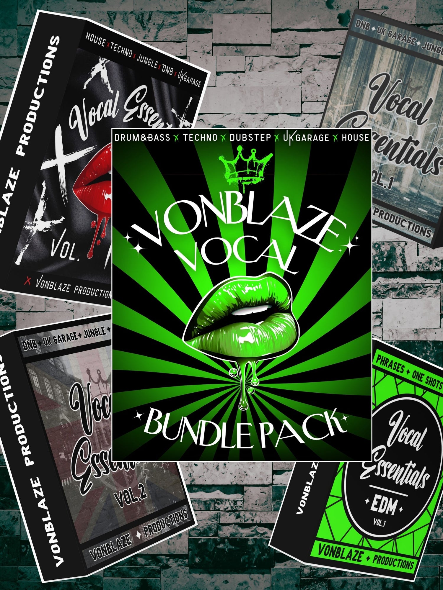 five floating vocal sample pack mockups over a brick background