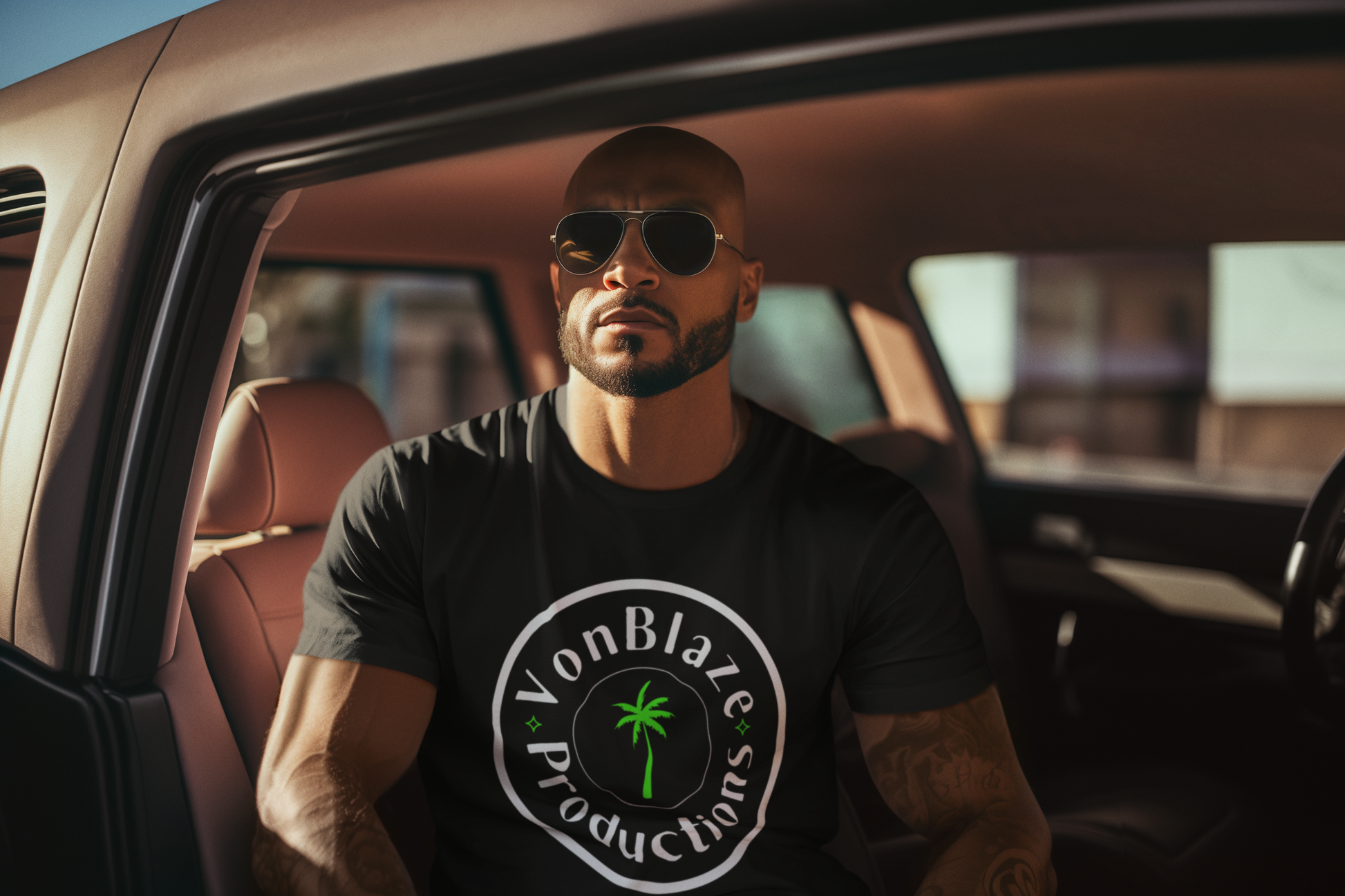 Muscular man sitting in the backseat of a car wearing sunglasses and a black tshirt featuring a circular logo with the words VonBlaze Productions and a palm tree in the middle