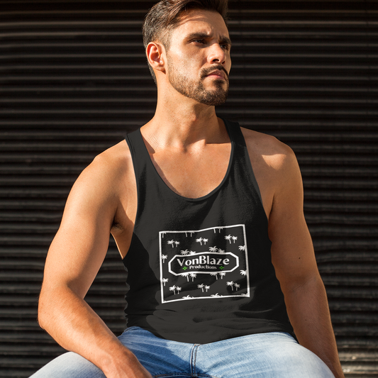 Muscular man with beard wearing a black tank top featuring a square VonBlaze Productions logo with a palm tree patten inside the square