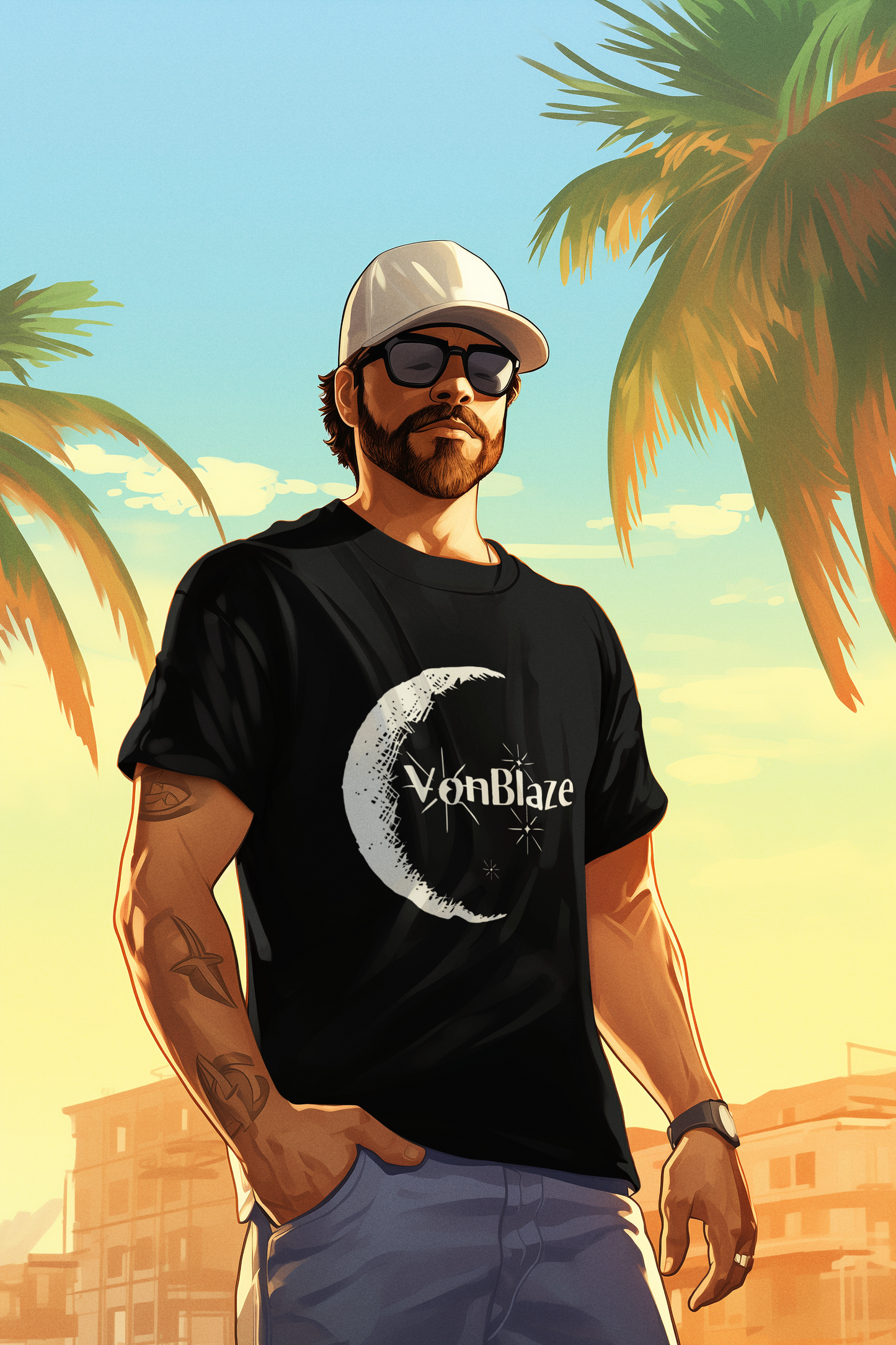 Man with ball cap sunglasses and tattoos standing under palm trees wearing a black tshirt featuring a logo that says VonBlaze Productions with a half crescent moon and stars