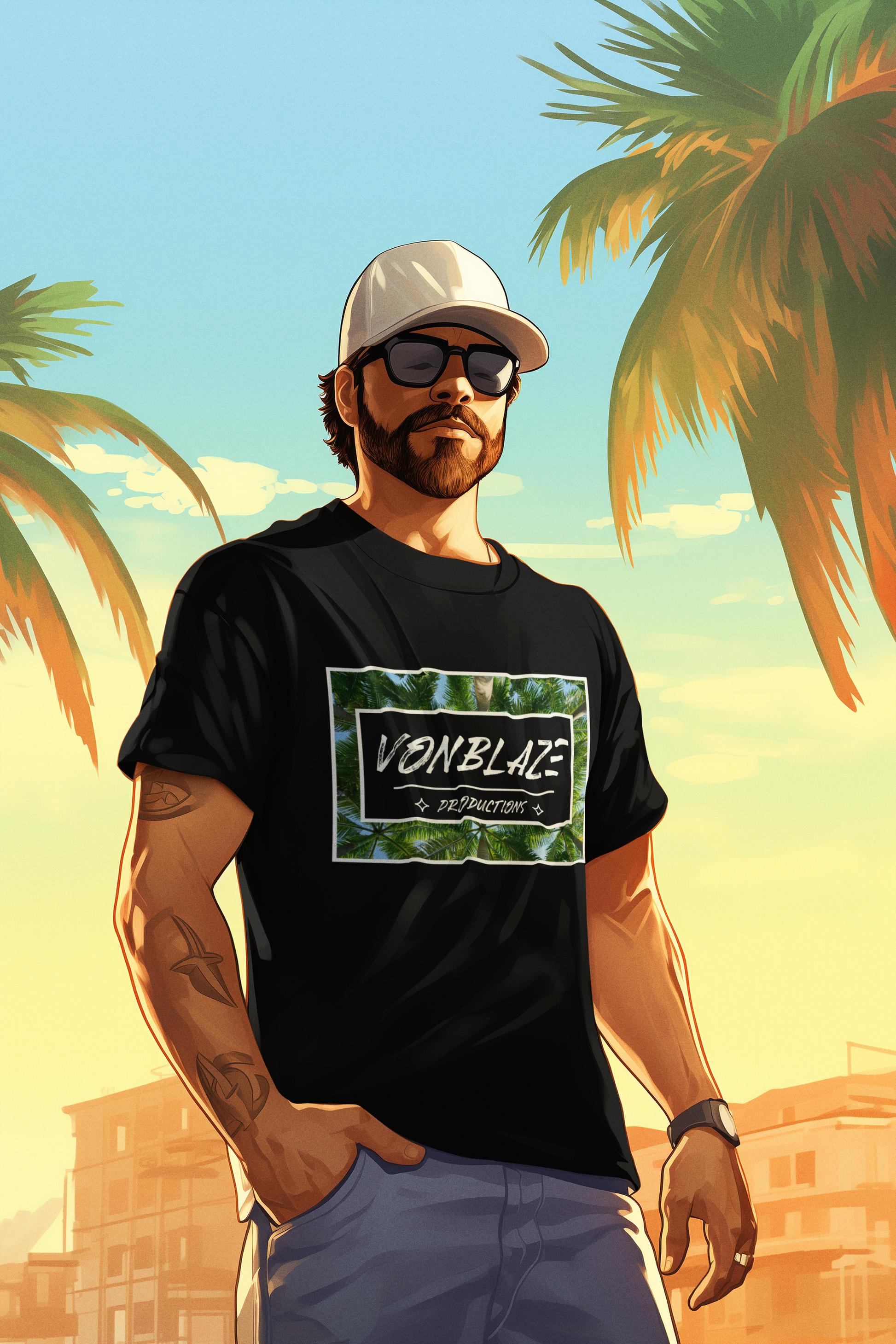 Man with ball cap sunglasses and tattoos standing under palm trees wearing a black tshirt featuring a logo with VonBlaze Productions in writing inside a black rectangle set on a palm tree backdrop