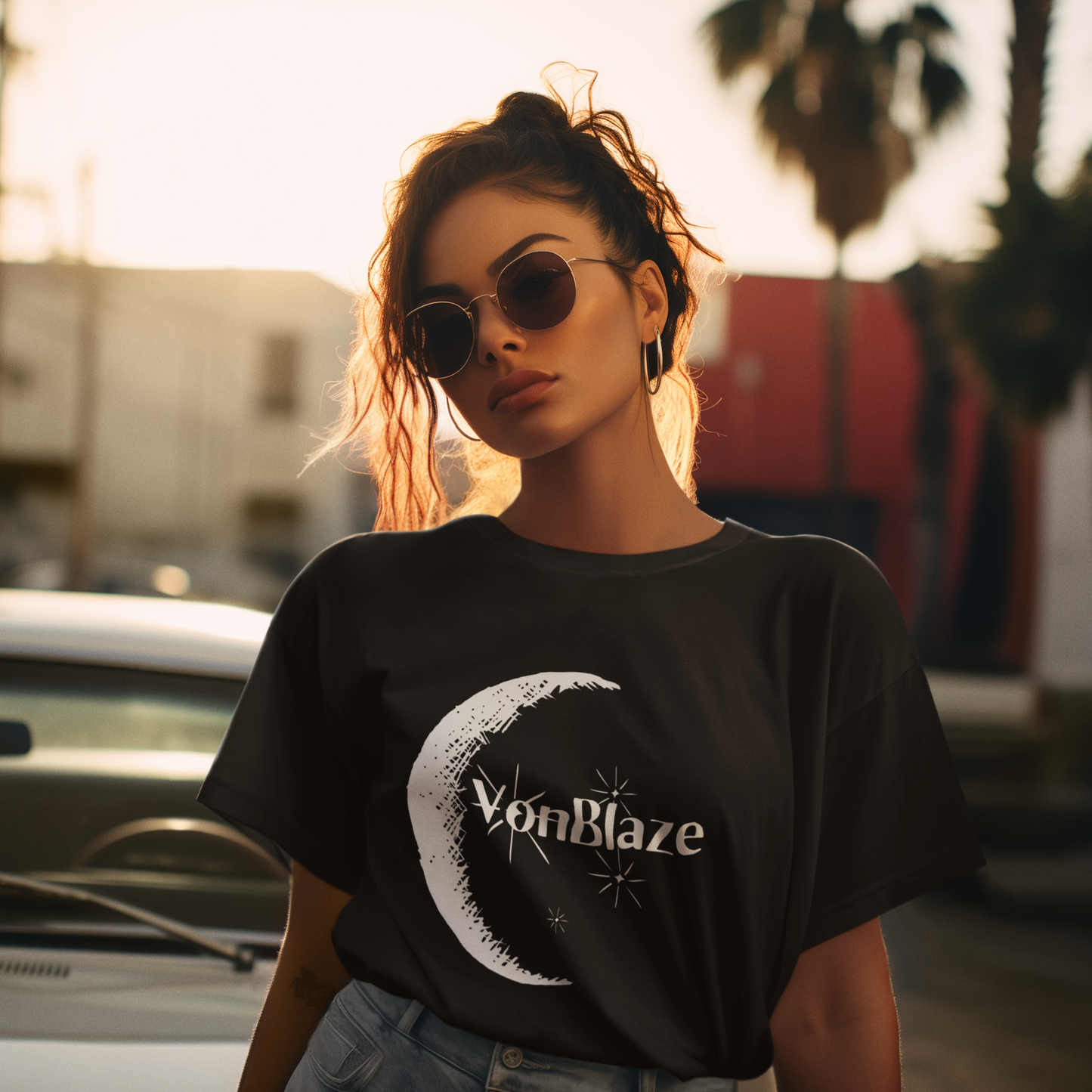 Beautiful woman standing on the street under palm trees wearing a black tshirt featuring a logo that says VonBlaze Productions with a half crescent moon and stars 