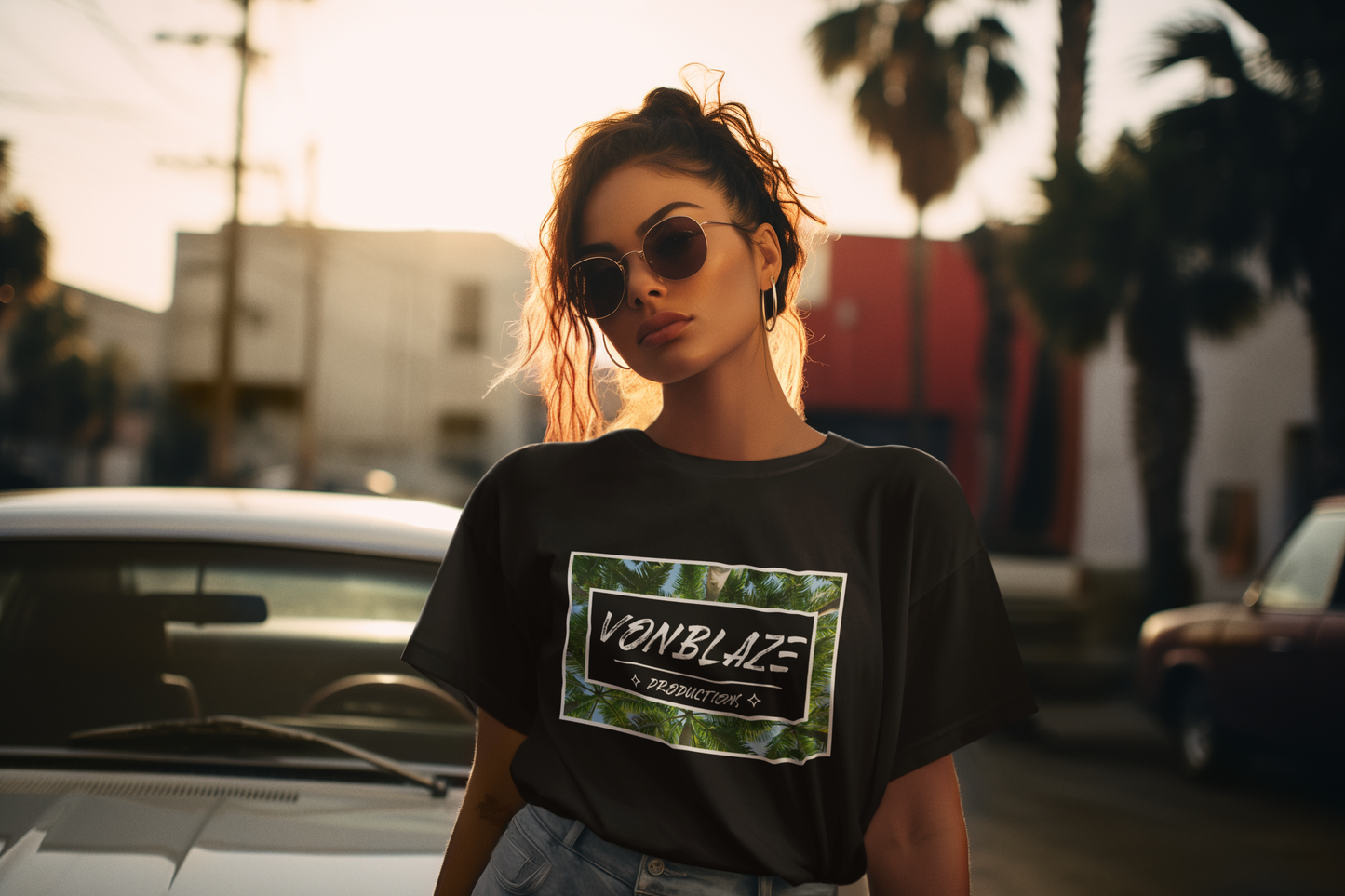 Beautiful woman standing on the street under palm trees wearing a black tshirt featuring a logo with VonBlaze Productions in writing inside a black rectangle set on a palm tree backdrop