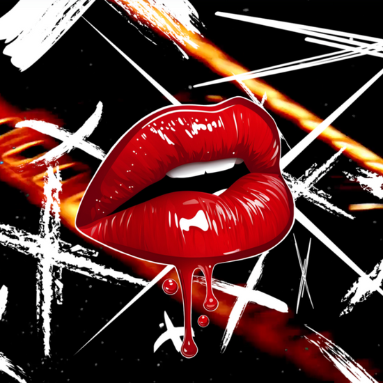 vibrant red dripping lips over vintage looking film background with x's in different fonts scattered all over the page